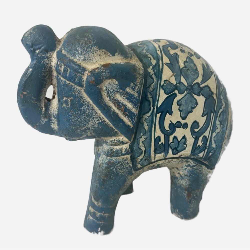 Vintage Terracotta Handmade Blue Elephant Decor Statue Heavy Handpainted